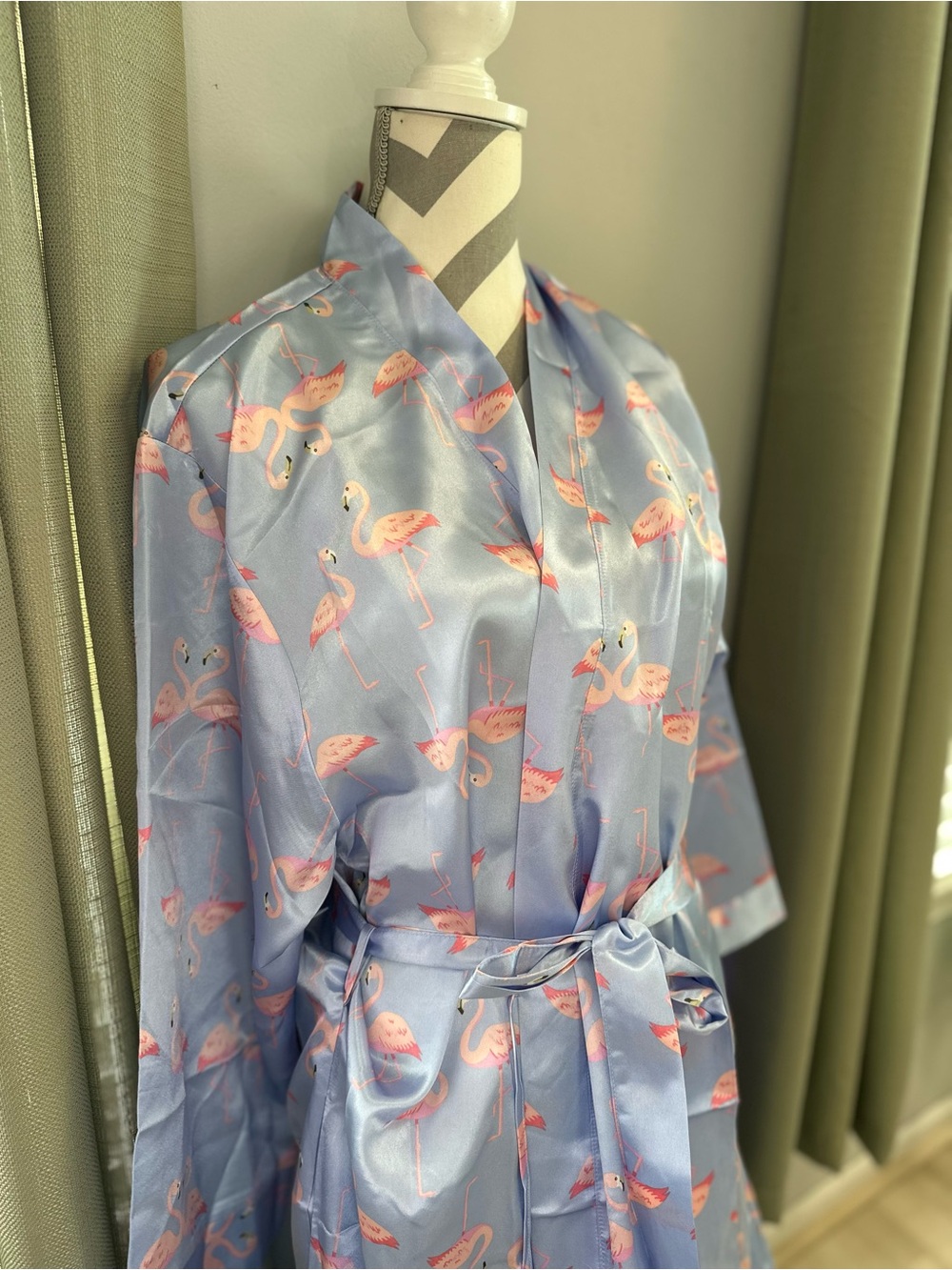 L Lavendri Flamingo Silky Long Robe NWT Blue Pink Loungewear